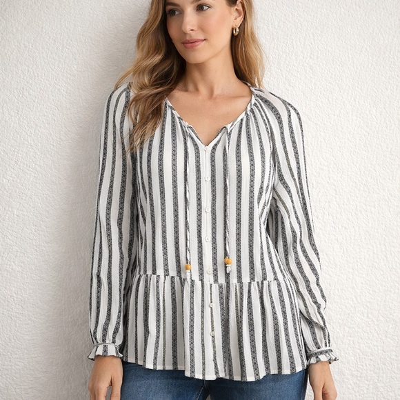 J. Jill Tops - J.Jill Striped 100% Cotton Peplum Blouse Tassel Tie Boho Top Women’s Medium